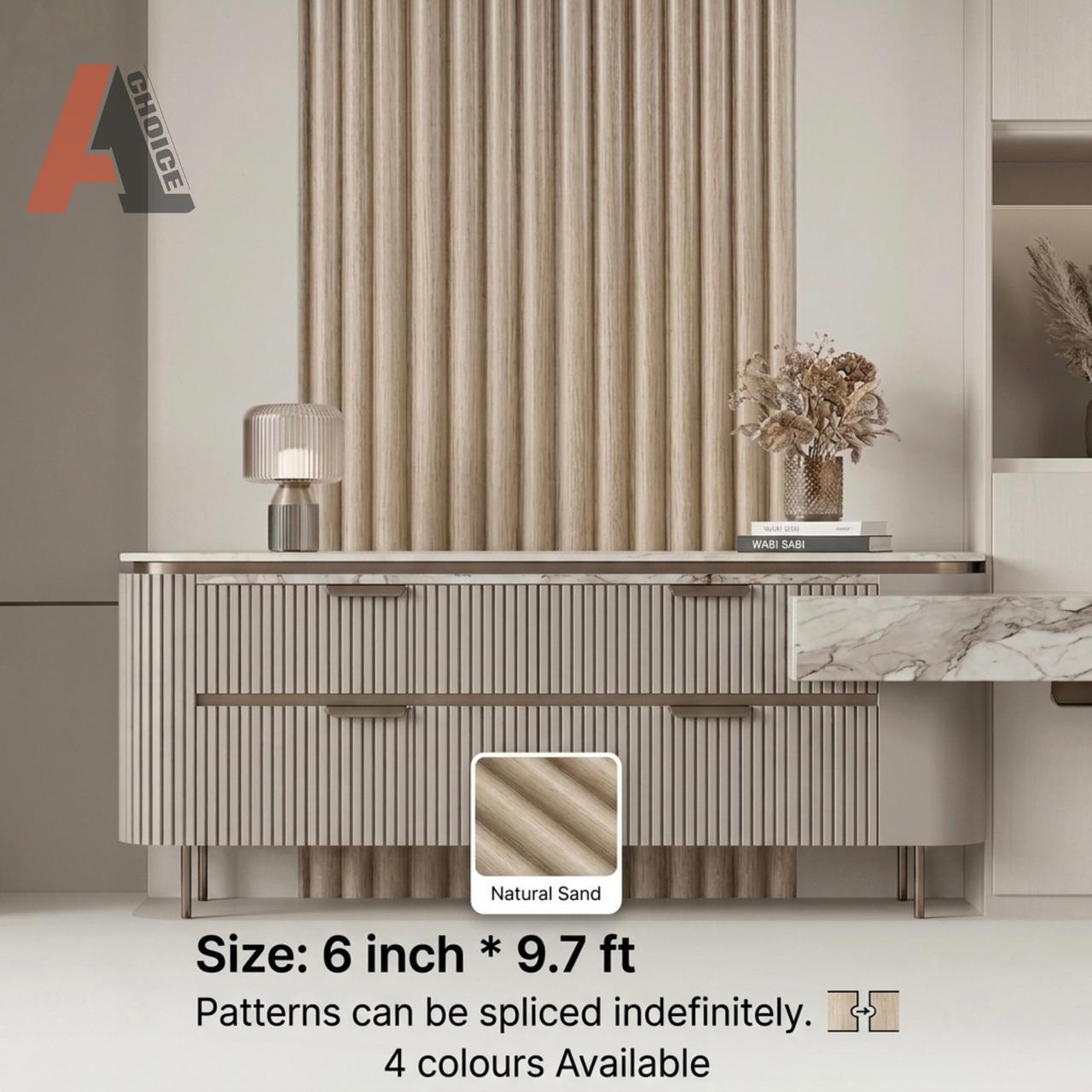 Natural Sand Tambour Style WPC slat wall panel installed on a wall 