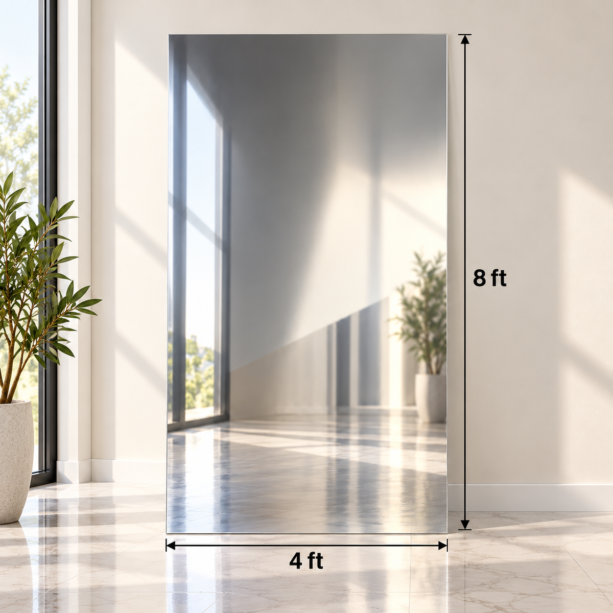 Glossy silver mirror PVC wall sheet measuring 4 feet wide and 8 feet high with reflective finish.