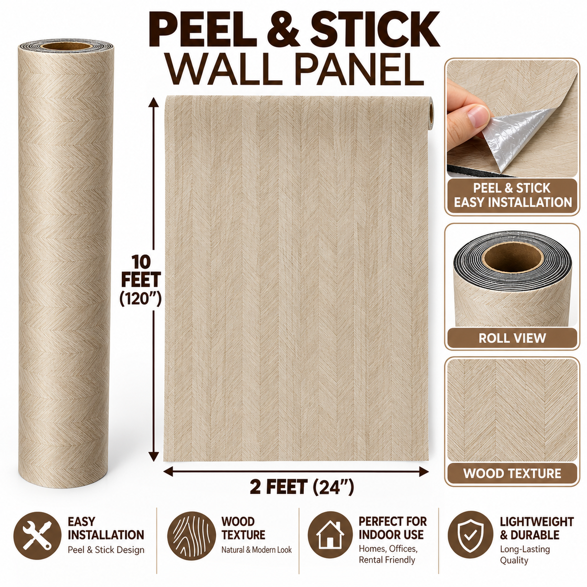 Self adhesive light beige chevron wood texture wall panel roll, 24 by 120 inches