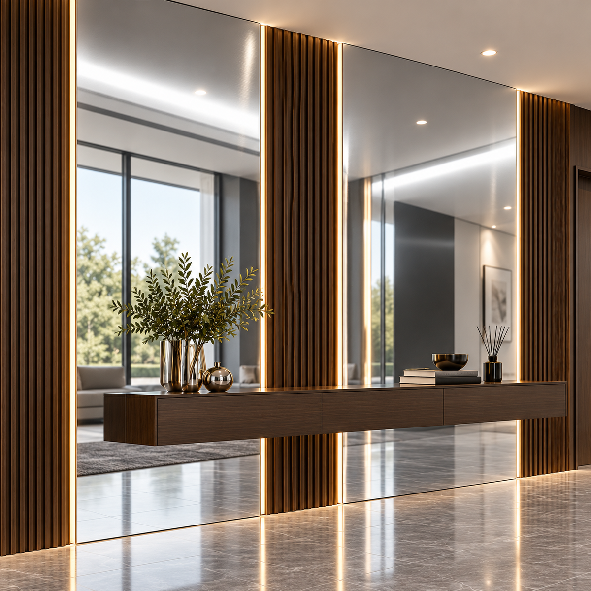 Silver mirror finish PVC wall sheets combined with walnut wood slat panels for a modern feature wall.