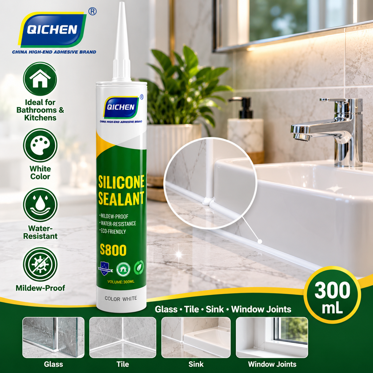 QICHEN S800 white silicone sealant displayed beside a modern bathroom sink, showing silicone joints for tile, glass, sinks and windows.
