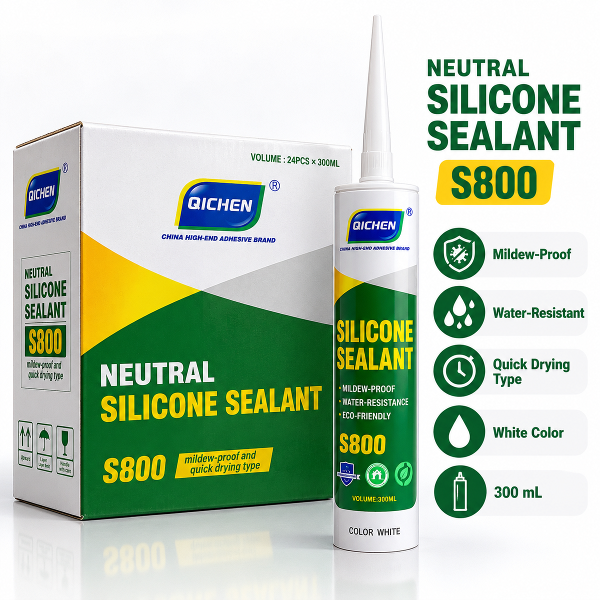 QICHEN S800 white neutral silicone sealant 300 mL with product box, key benefits and compatible construction material examples.