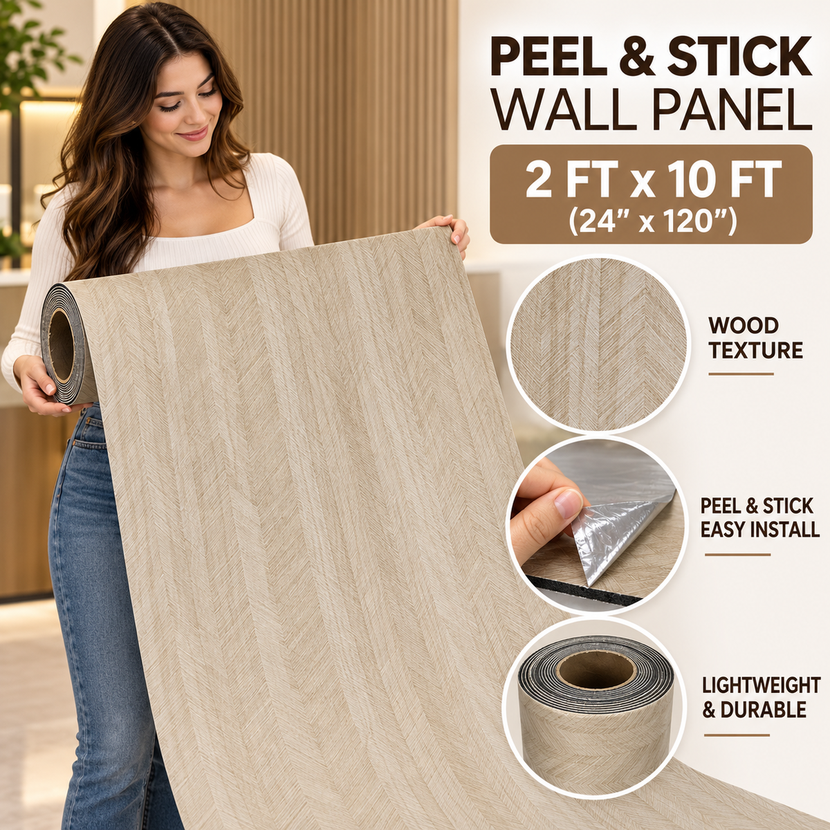 Light oak chevron peel and stick wood look wall panel roll, 2 ft by 10 ft