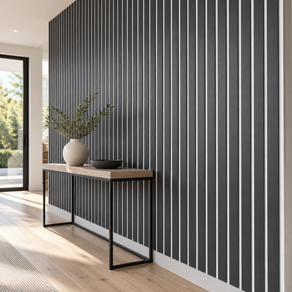 Charcoal black wood veneer slat accent wall with white felt backing in a bright hallway — styled visualization