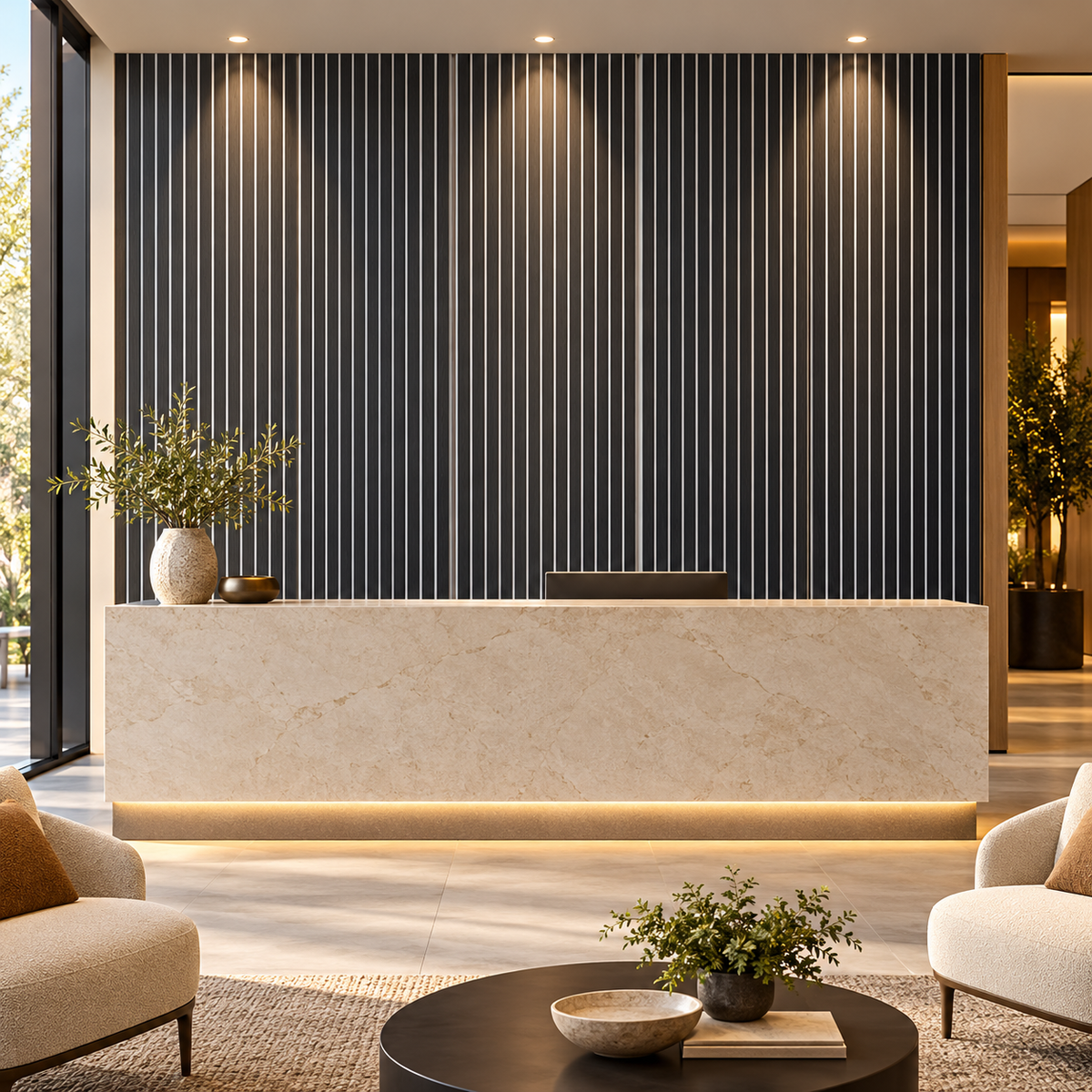 Charcoal black wood veneer slat feature wall with white felt in a boutique hotel reception — styled visualization
