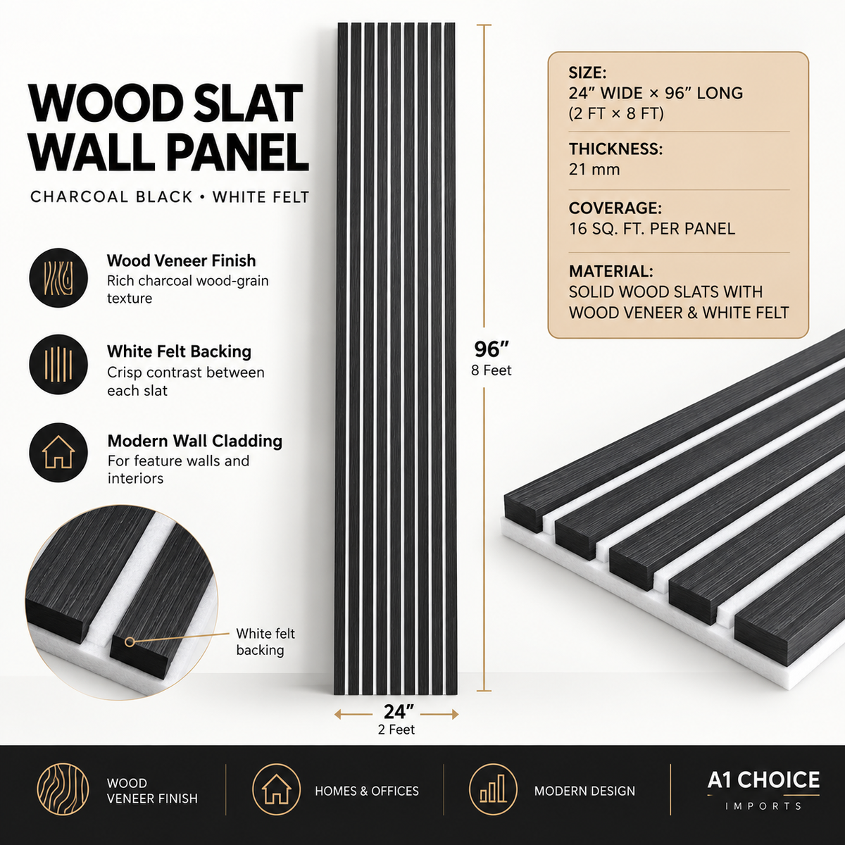 Charcoal black wood veneer slat wall panel with white felt – 24 x 96 inches, 21 mm thick, 16 sq. ft. per panel
