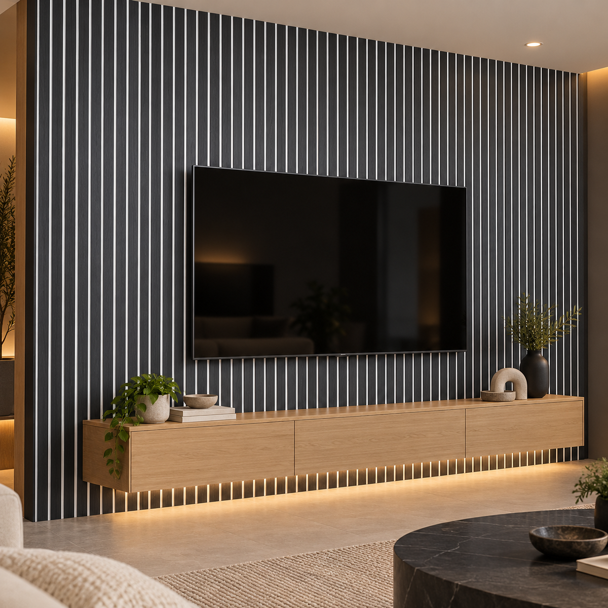Charcoal black wood veneer slat panels with white felt backing in a tv wall — styled visualization