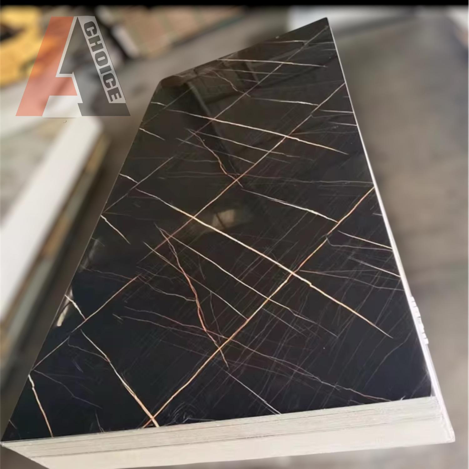 Black & Gold PVC Marble Sheet installed as a luxury shower wall panel, waterproof high gloss wall panel for modern bathrooms.