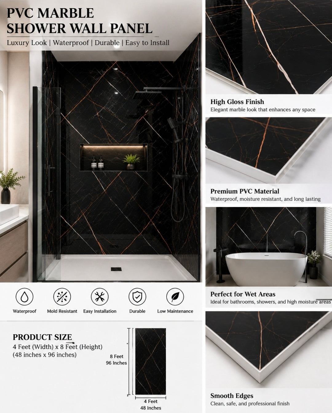 Black Gold Vein PVC Marble Sheet 4x8 ft | 3mm Luxury Waterproof Panel (Contact us for price)