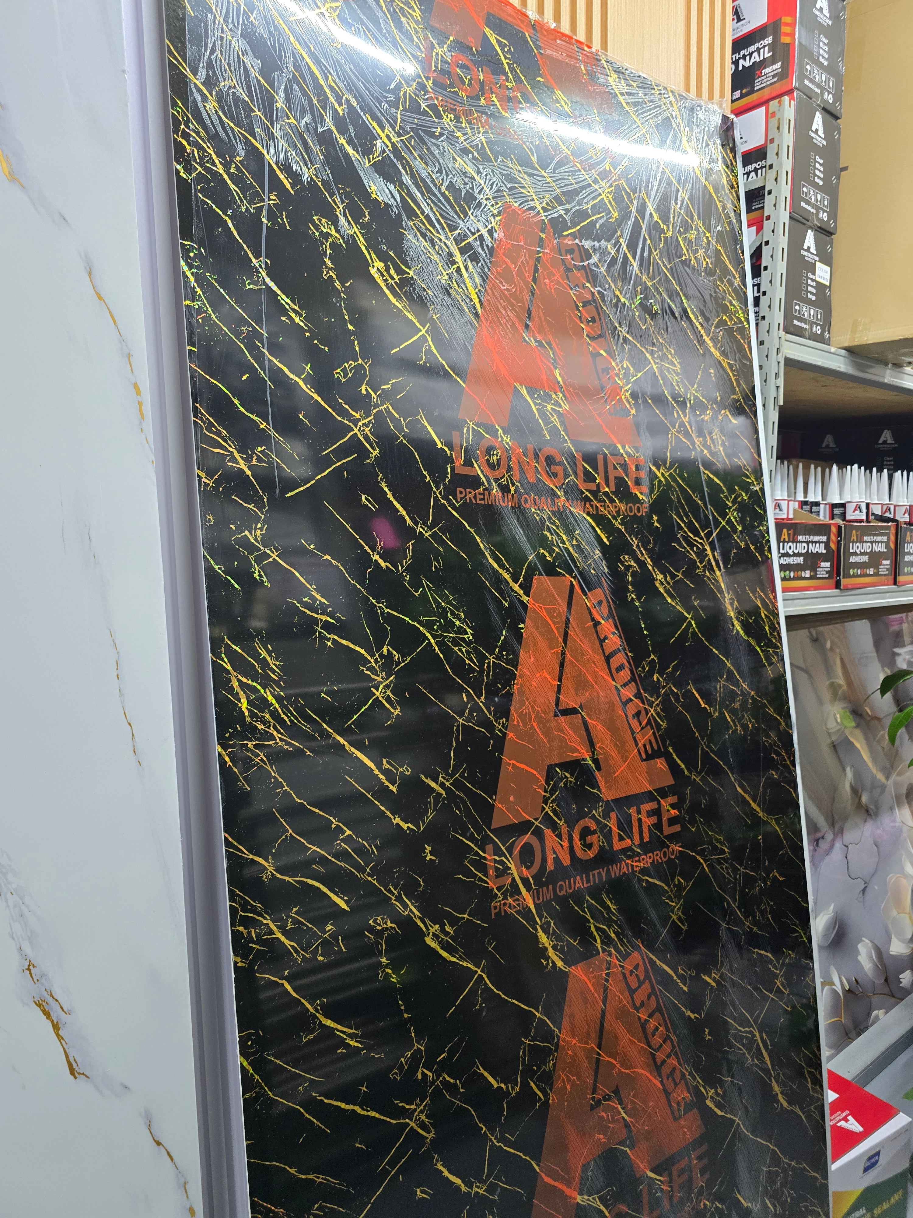 Black & Gold UV Marble Sheet – 3mm Glossy PVC Wall Panel Waterproof & Heat Resistant (contact us for price)