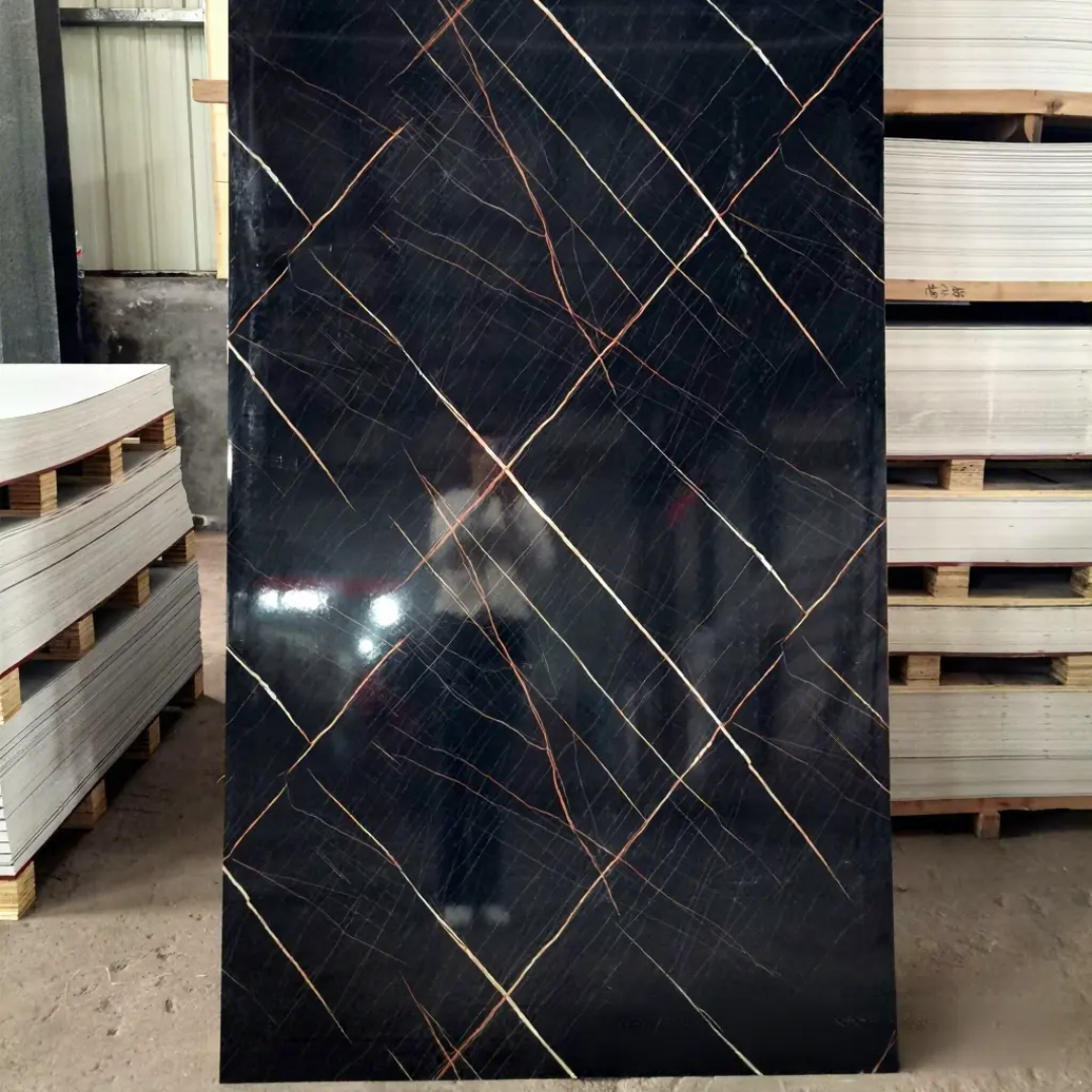 Black & Gold PVC Marble Sheet installed as a luxury shower wall panel, waterproof high gloss wall panel for modern bathrooms.