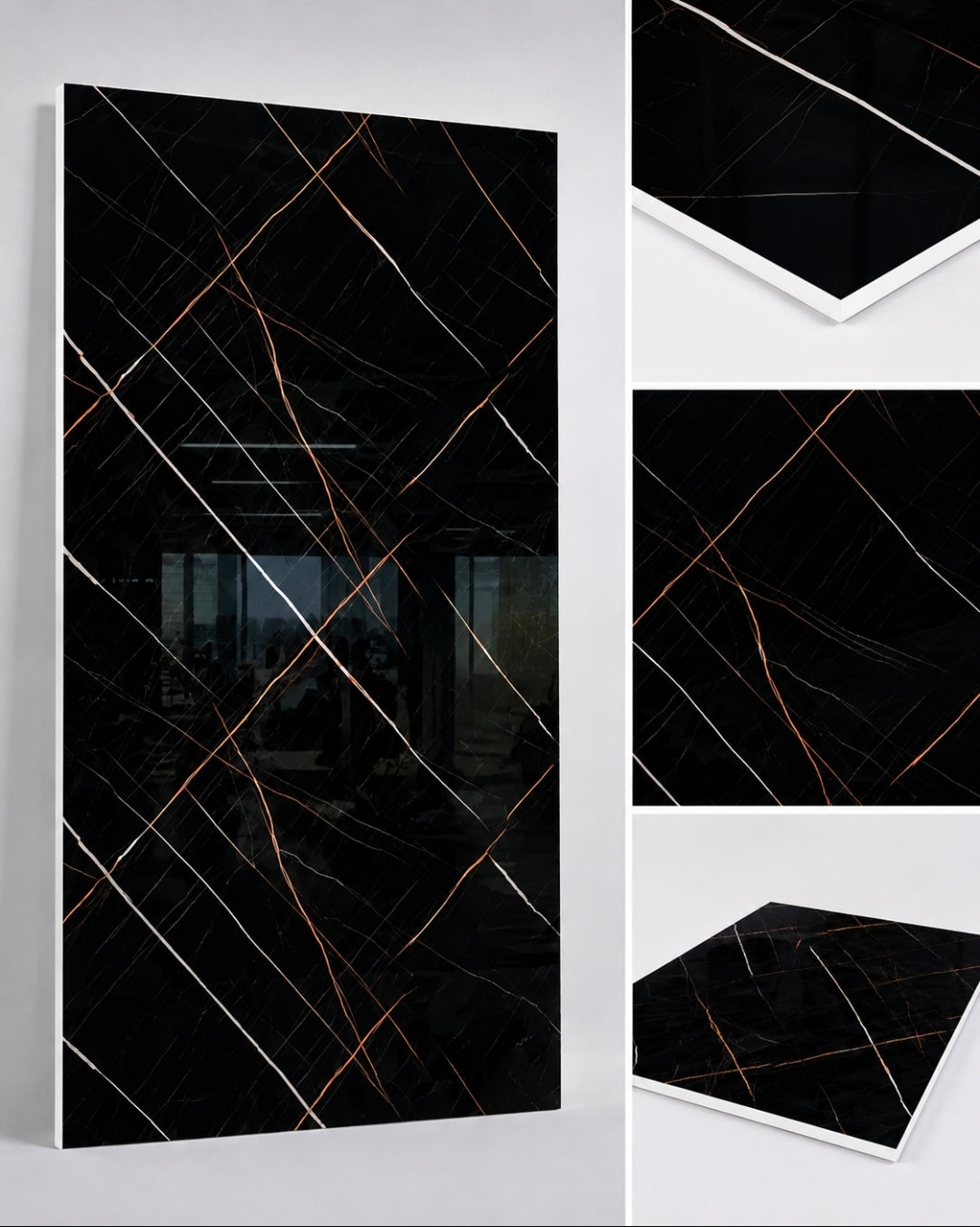 Black marble-look wall panels with diagonal white and copper-gold veining, shown as a large panel and three smaller detail views on a light gray background.