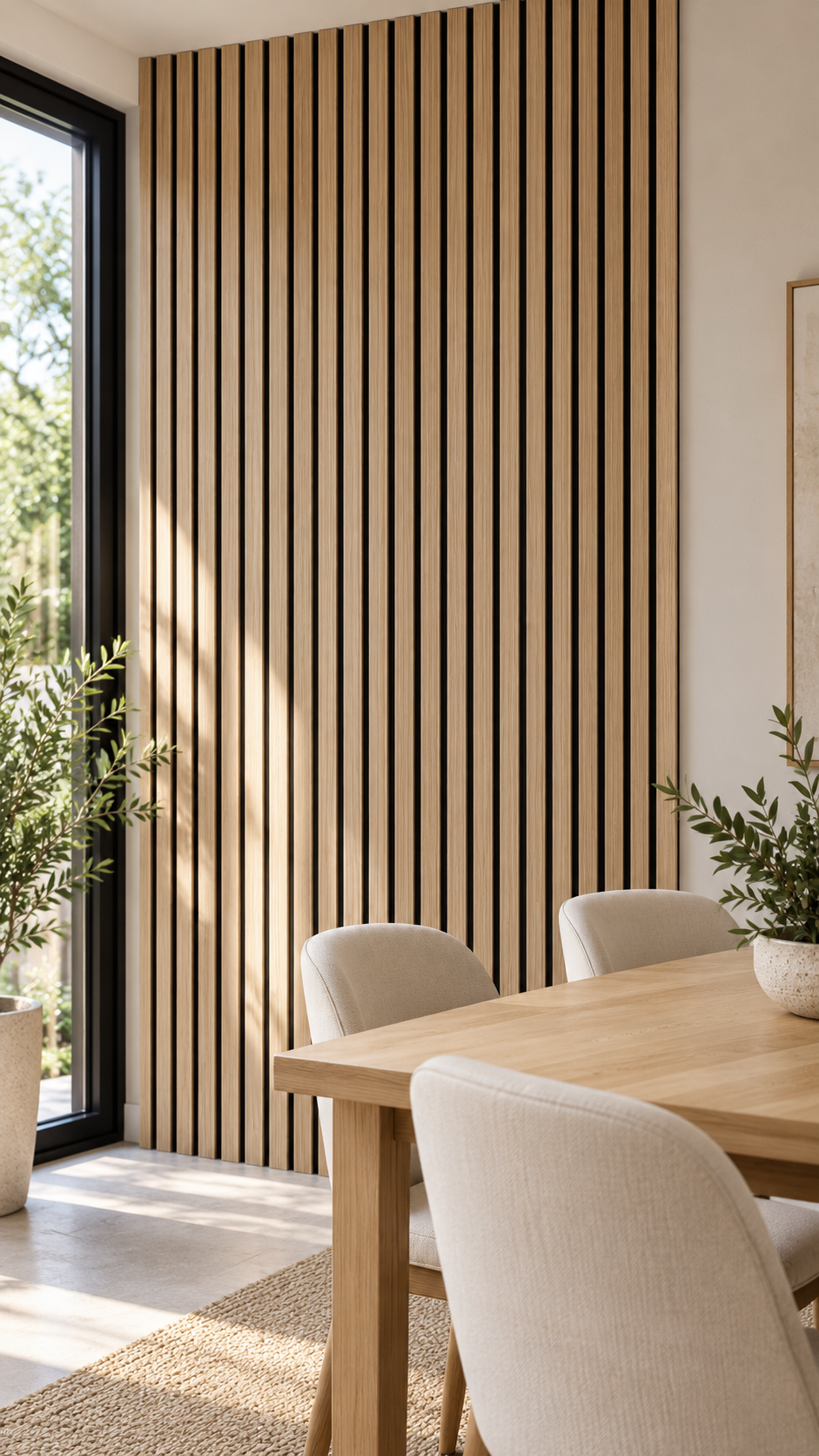 Sand Oak acoustic slat wall in a dining room - styled visualization