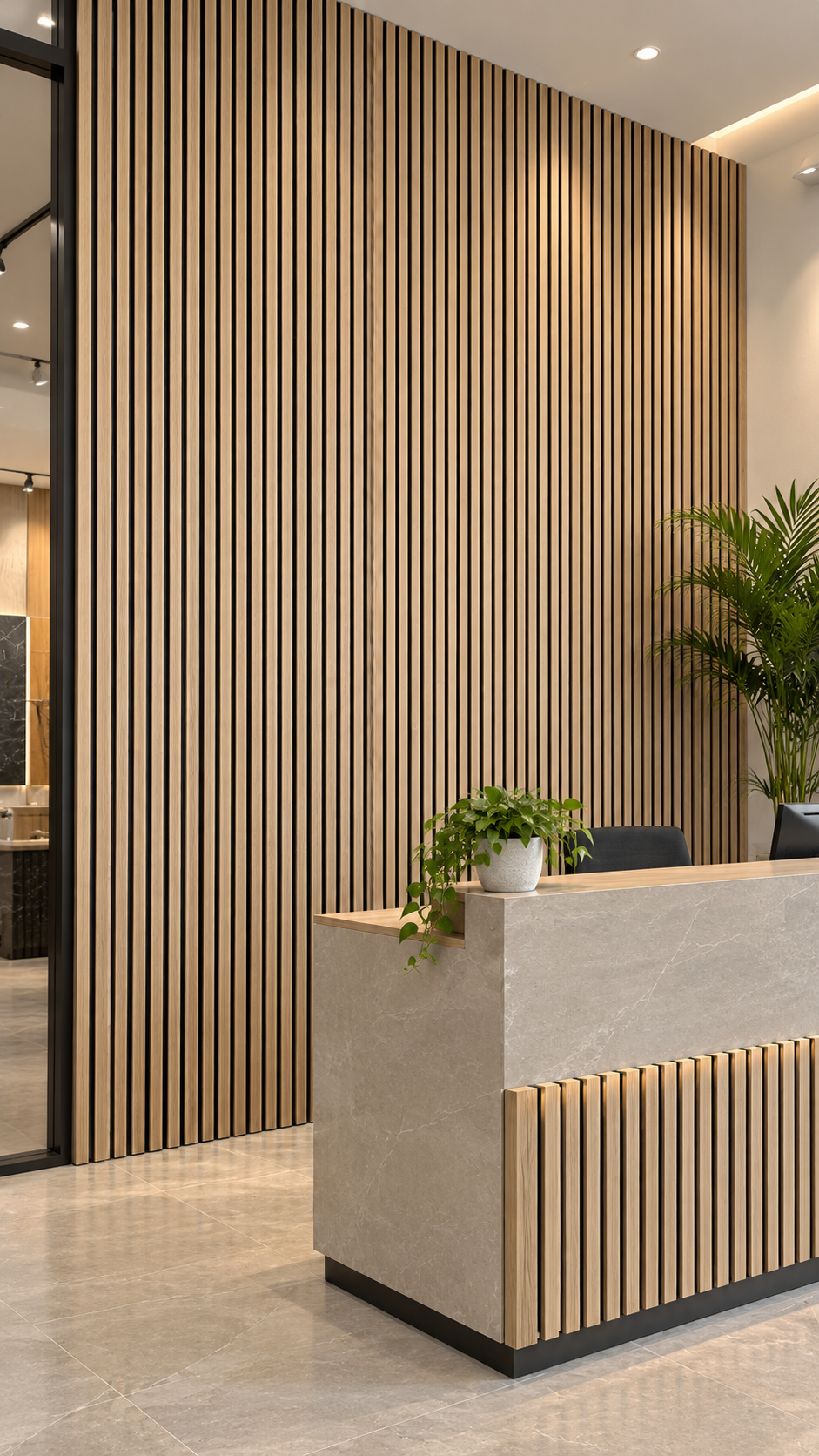 Sand Oak wood veneer slat wall in a showroom reception - styled visualization