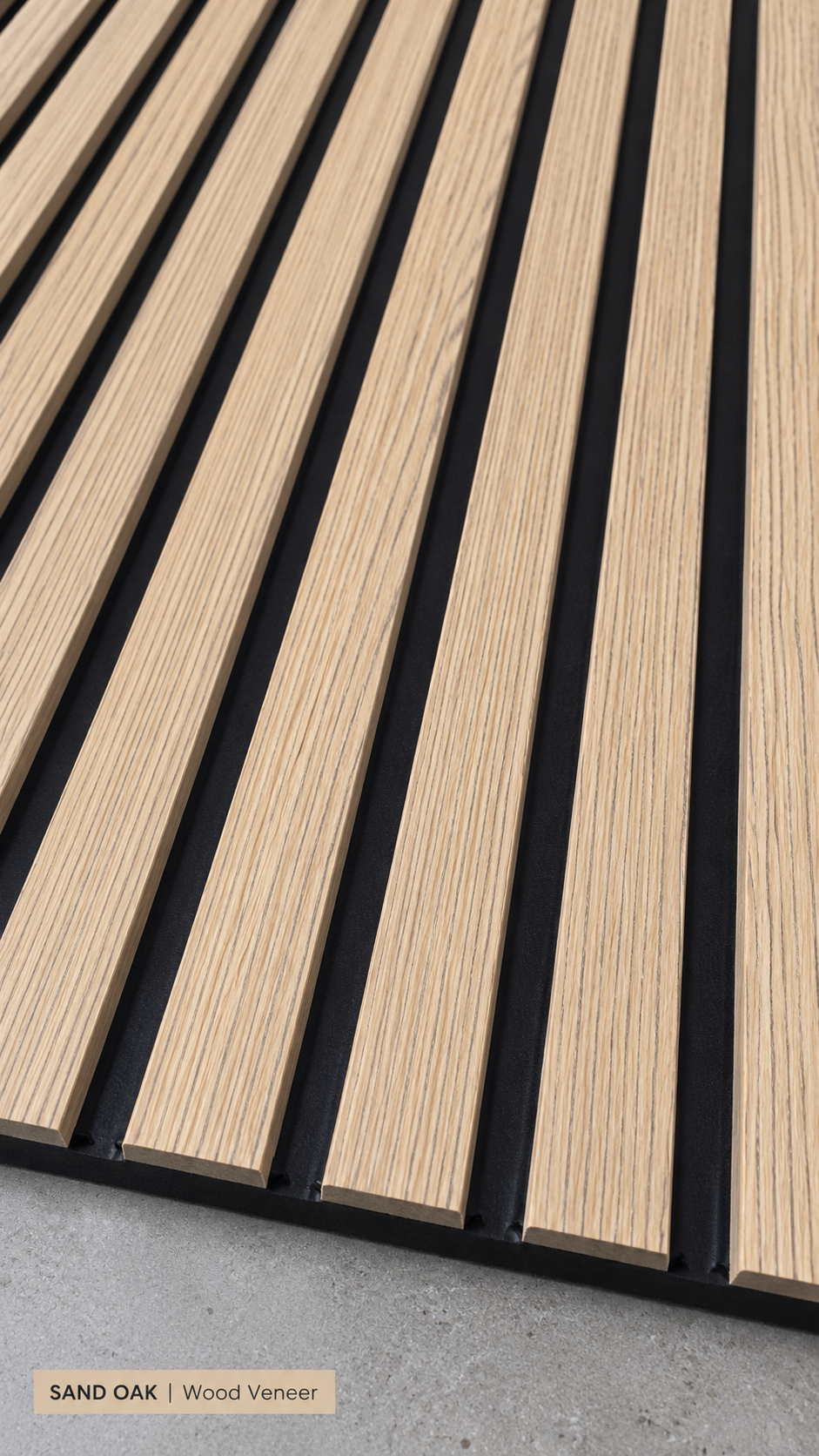 Sand Oak wood veneer slats and black backing close-up - styled product visualization