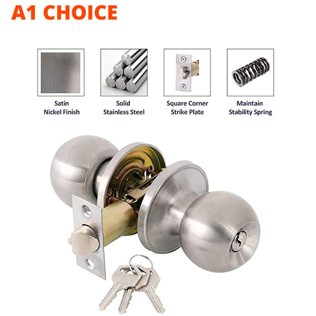 Entry Door Knobs with Lock and Keys, Exterior/Interior Door knob for Bedroom or Bathroom,Satin Nickel