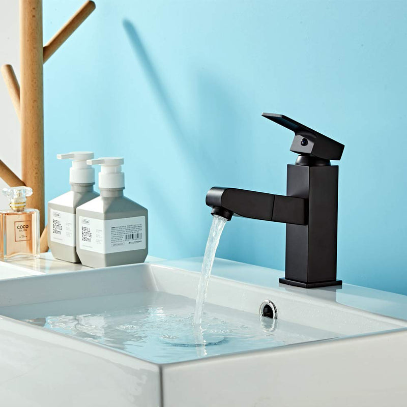 Black Bathroom Faucet with Drain Assembly Pull Out Sink with Sprayer, Single Handle One Hole