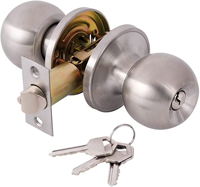 Entry Door Knobs with Lock and Keys, Exterior/Interior Door knob for Bedroom or Bathroom,Satin Nickel