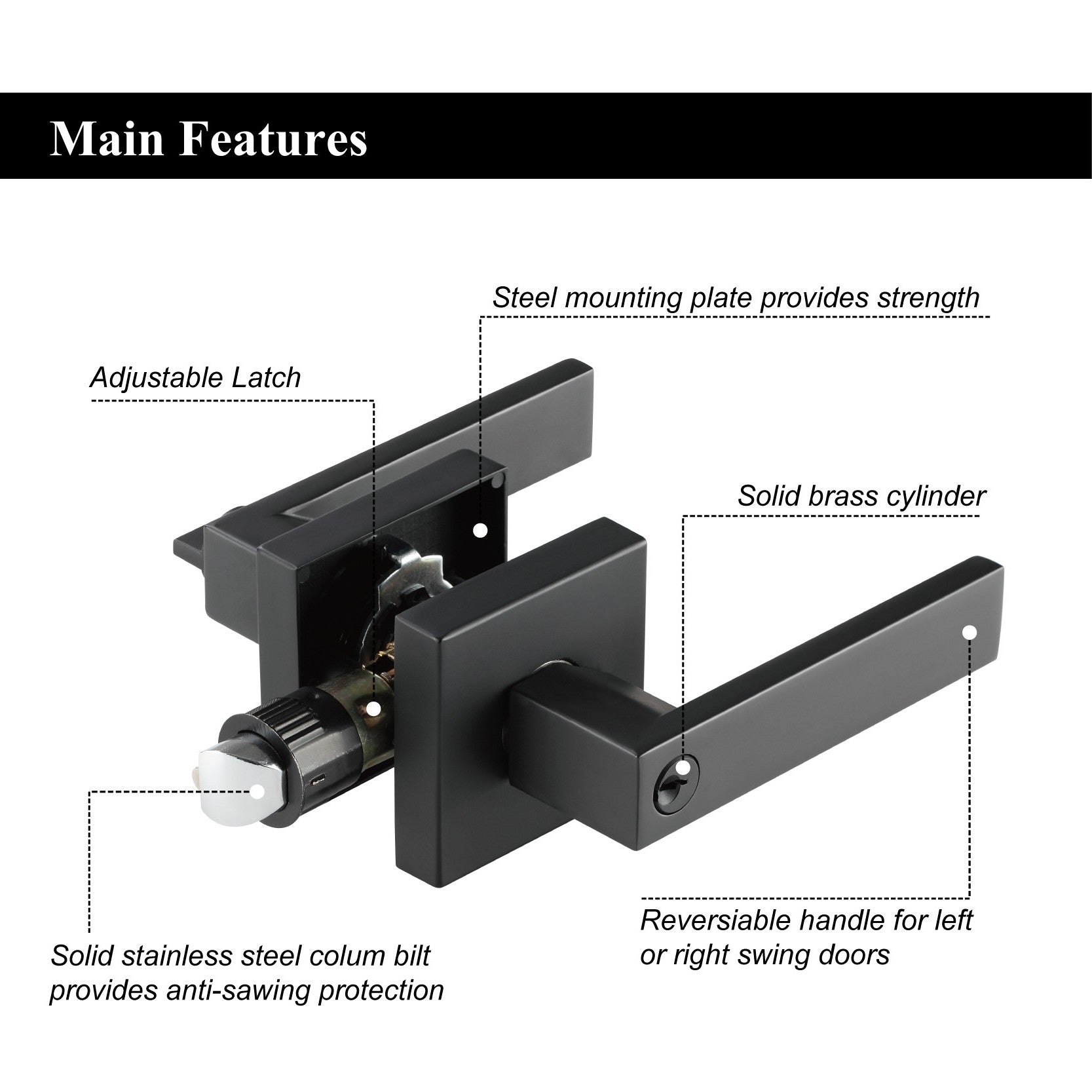 A1 Choice Key Entrance Door Lock Handle Square (Black)