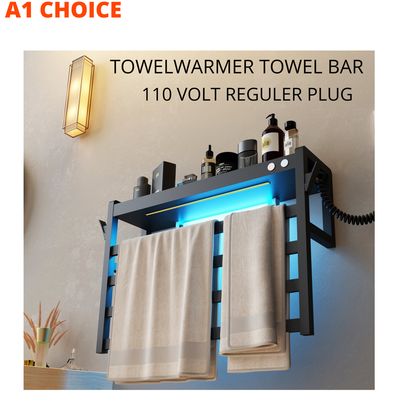 A1 Choice 4 Bars Wall Mounted Electric Towel Warmer With Light & Shelf (Black) 24 INCH
